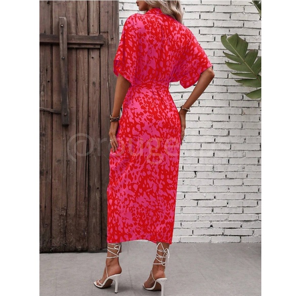 Spotted All Over Print Button Through Tie Belt Ruched Maxi Shirt Dress - Picture 6 of 10